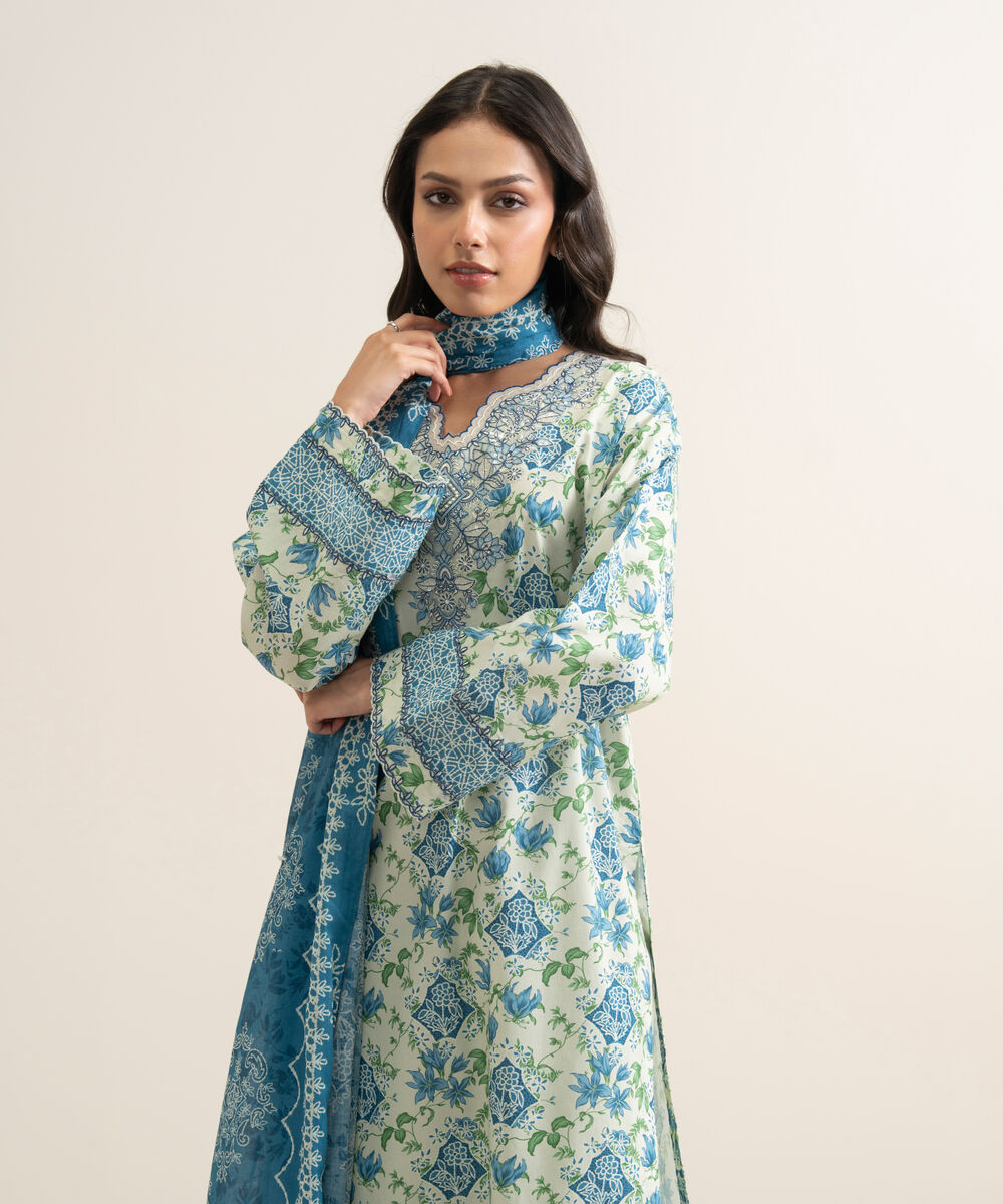 Women's Unstitched Lawn Embroidered Off White and Blue 3 Piece Suit