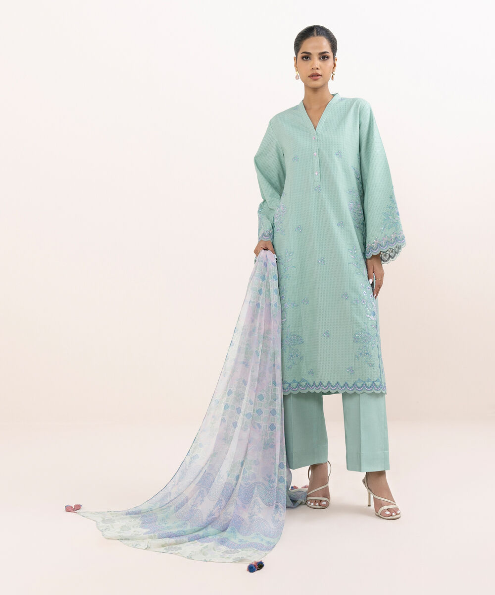 Women's Unstitched Linen Jacquard Dyed Three Piece Suit