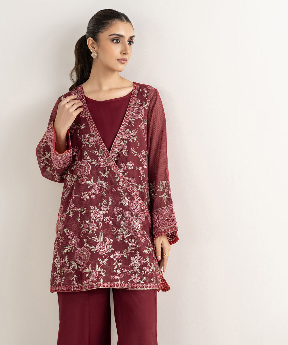 Women's RTW Blended Textured Karandi Embroidered Red 2 Piece Suit