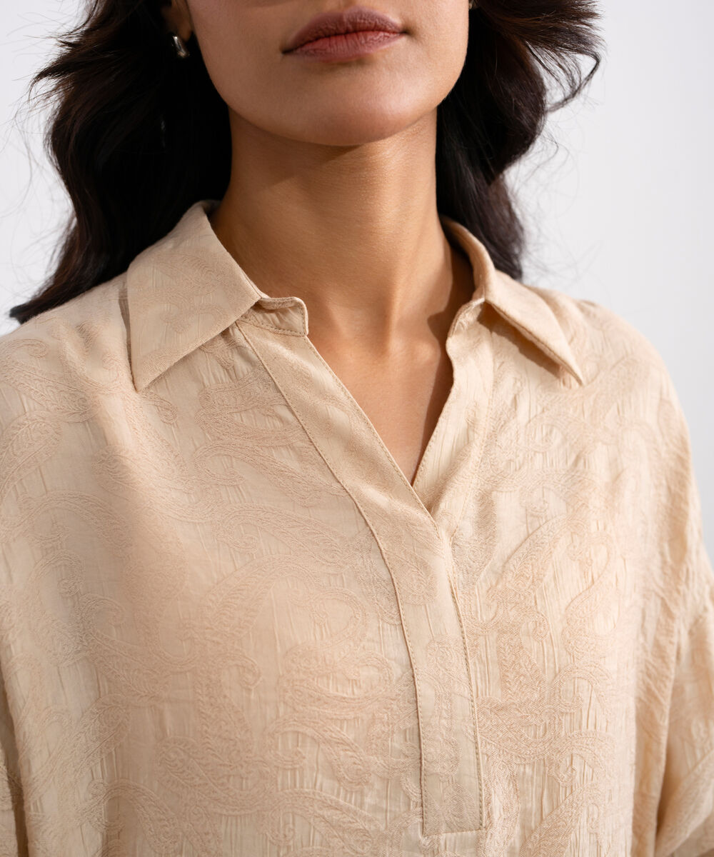 Women's Beige Textured V- Neck Top