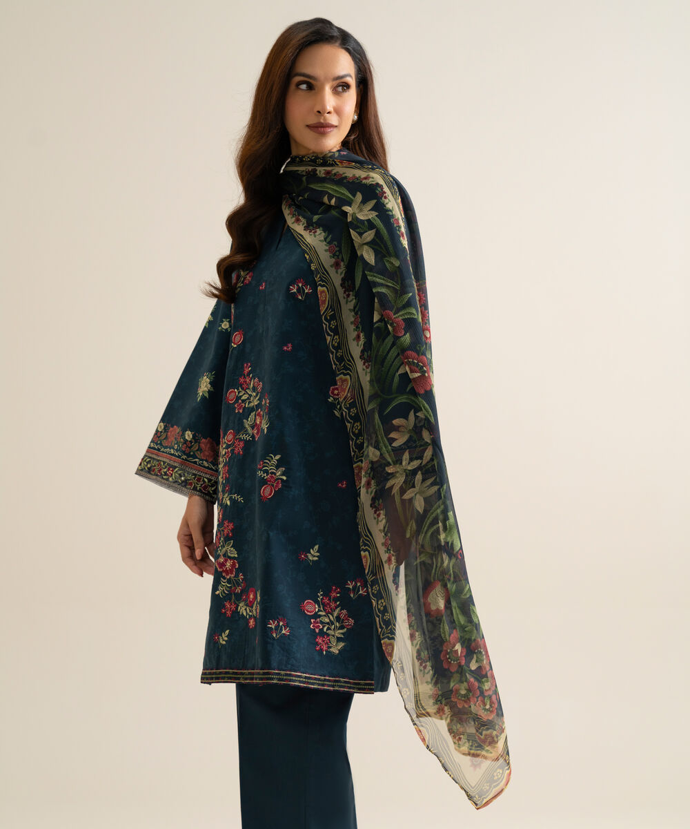 Women's Unstitched Blended Chiffon Embroidered Green 3 Piece Suit