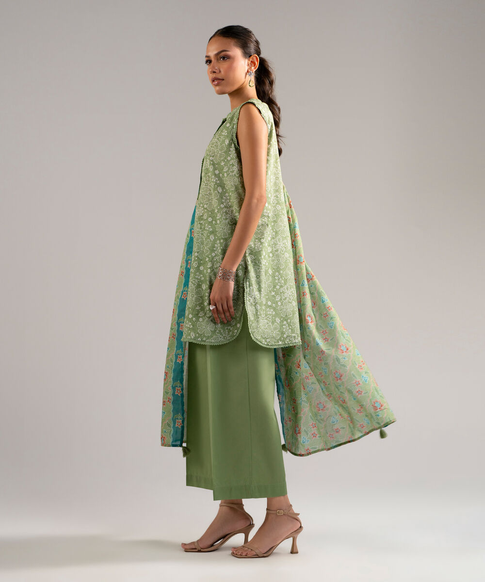 Women's RTW Slub Lawn Printed Green 3 Piece Suit
