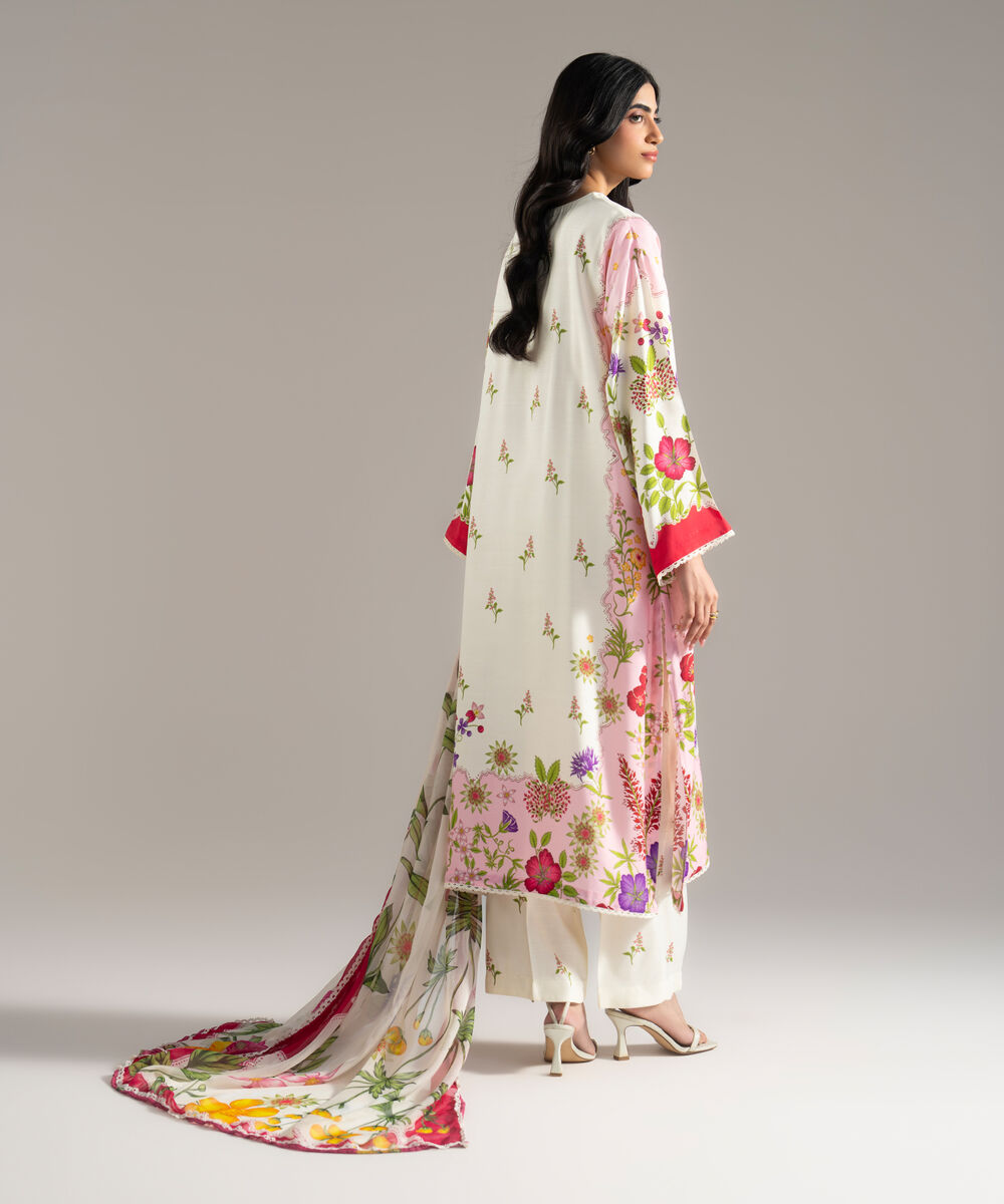 Women's RTW Viscose Raw Silk Printed Off White 3 Piece Suit