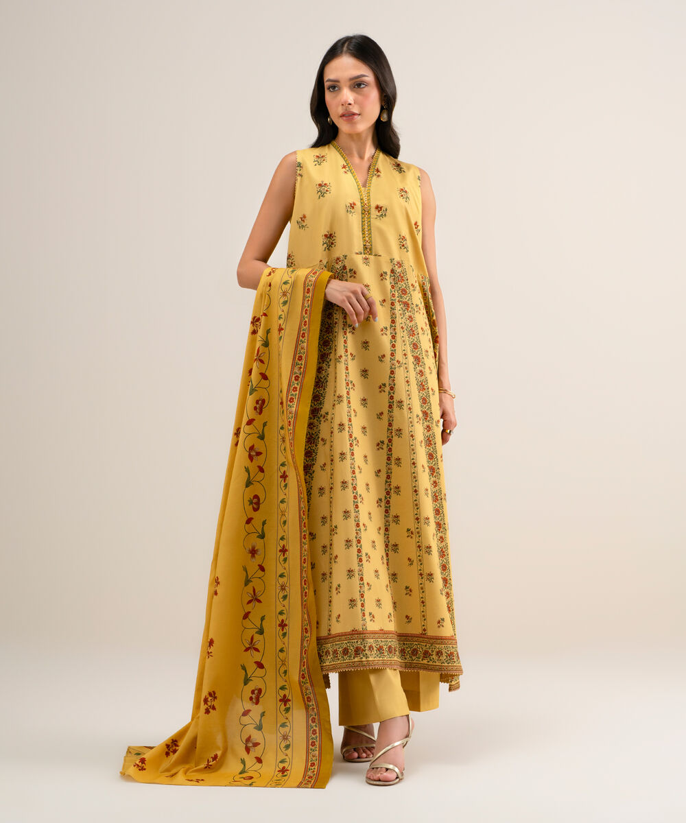 Women's Unstitched Printed Cotton Viscose Lime Yellow 3 Piece Suit