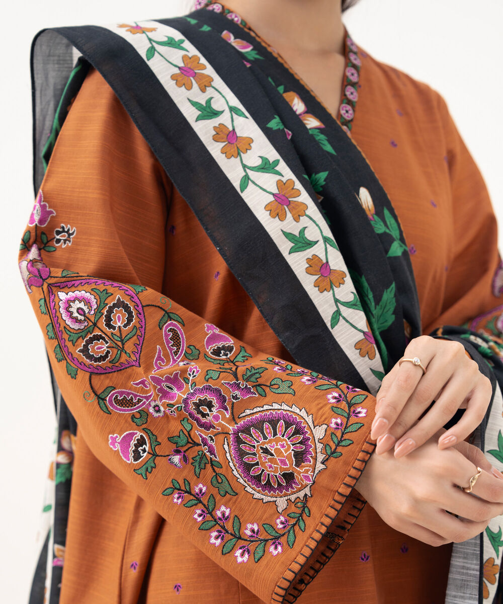 Women's Unstitched Cotton Embroidered Orange 3 Piece Suit