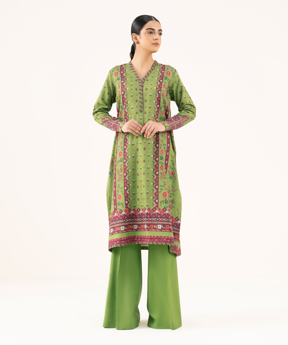 Women's Unstitched Viscose Khaddar Printed Green 2 Piece Suit