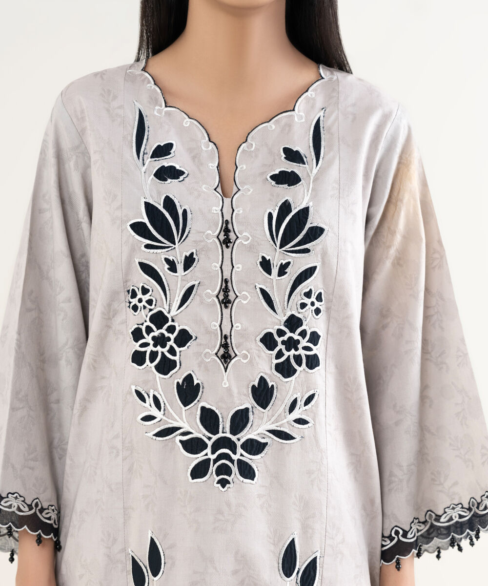 Women's Unstitched Embroidered Cotton Jacquard Light Gray 3 Piece Suit