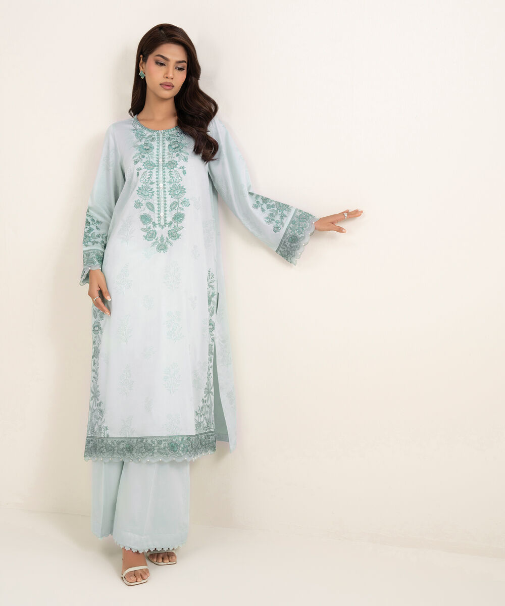 Women's RTW Lawn Embroidered Green A-Line Shirt