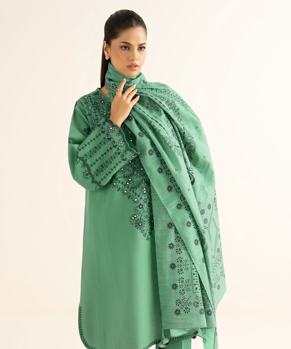 Women's Unstitched Light Khaddar Embroidered Green 3 Piece Suit
