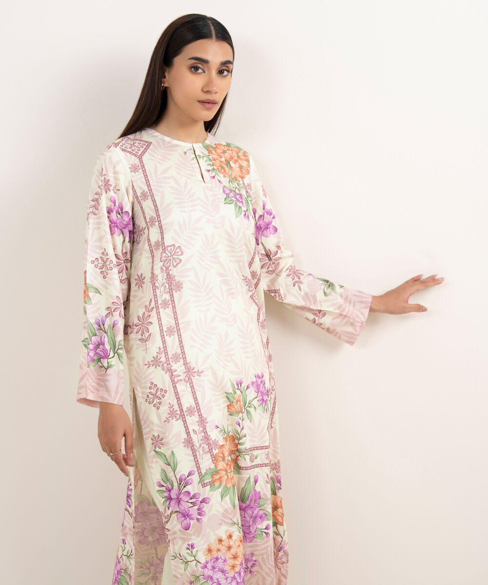 Women's RTW Arabic Lawn Off White Printed Straight Shirt