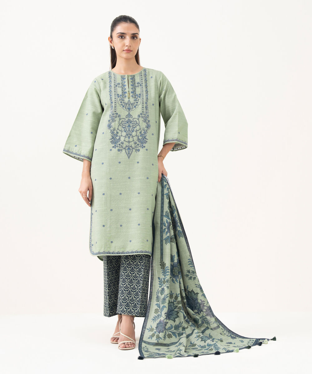Women's Unstitched Khaddar Embroidered Green 3 Piece Suit