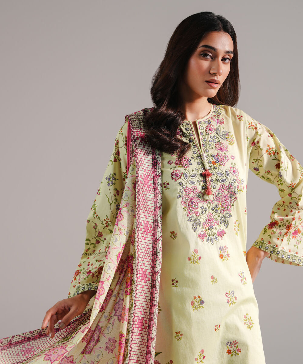 Women's RTW Lawn Printed Green 3 Piece Suit