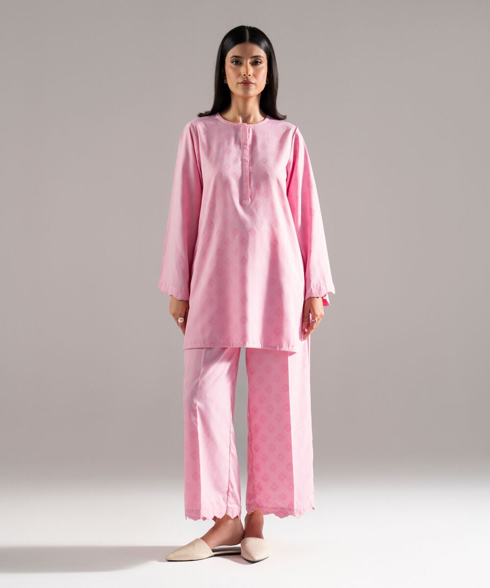 Women's RTW Poly Viscose Jacquard Solid Pink Straight Shirt