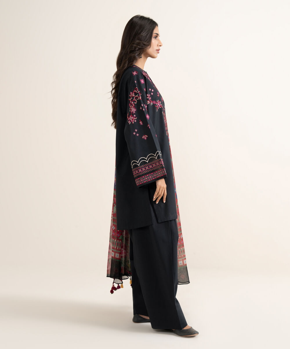 Women's Unstitched Textured Lawn Embroidered Black 3 Piece Suit