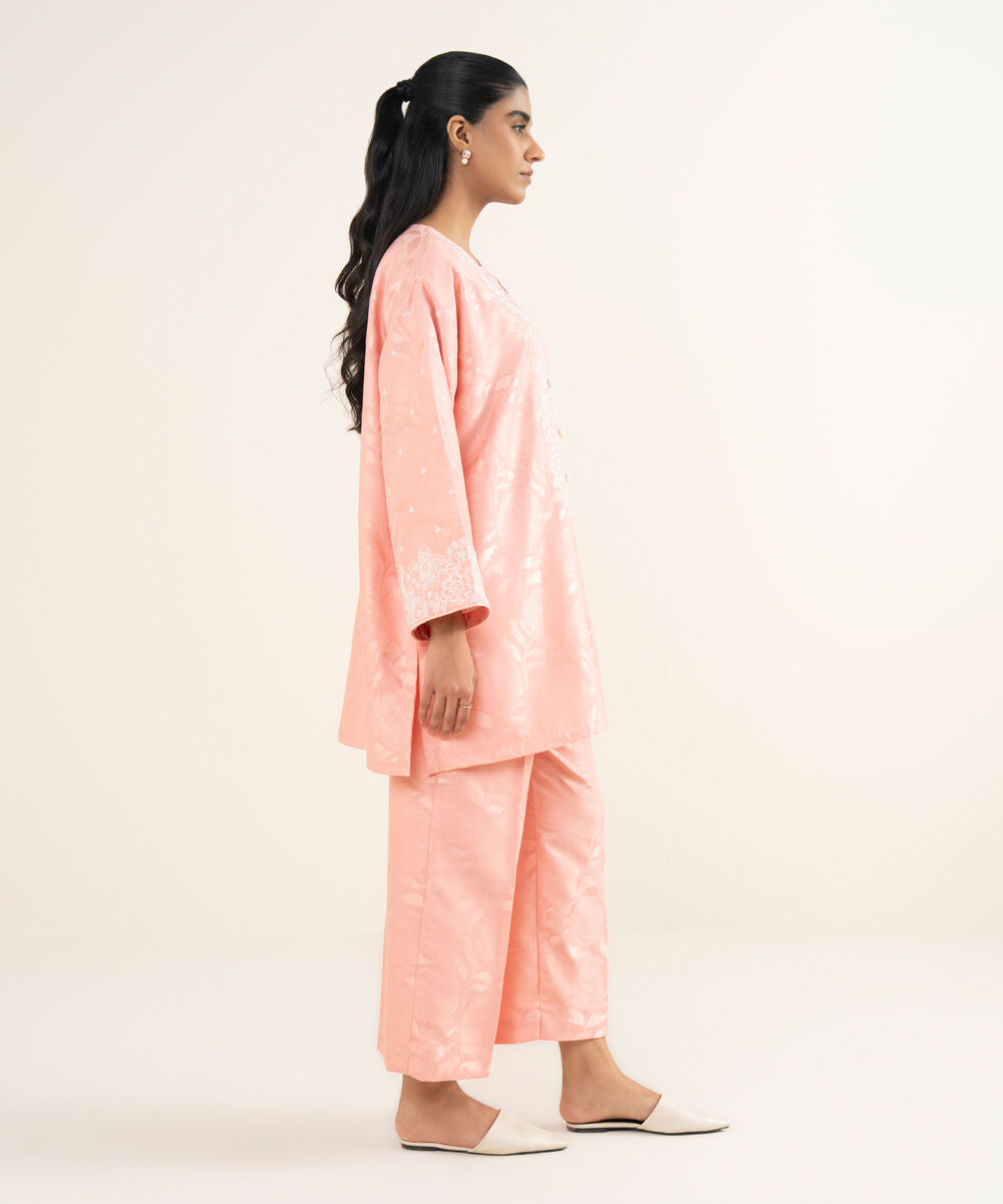 Women's RTW Jacquard Embroidered Pink A-Line Shirt