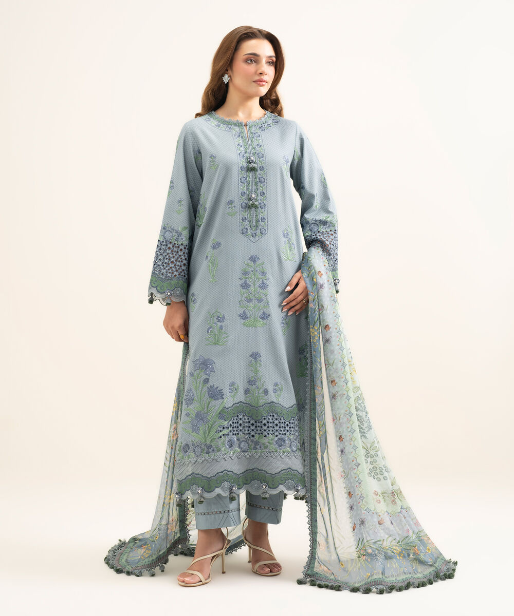 Women's Unstitched Dobby Embroidered Blue 3 Piece Suit