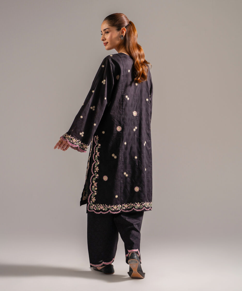 Women's RTW Self Jacquard Embroidered Black 2 Piece Suit