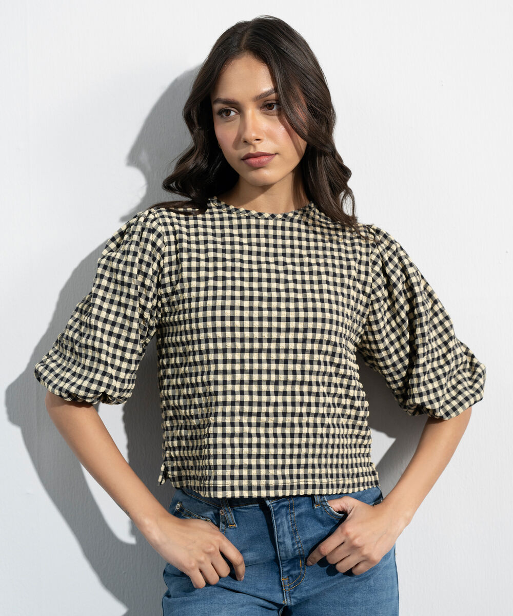 Women's Western Black And Yellow Seersucker Gingham Top