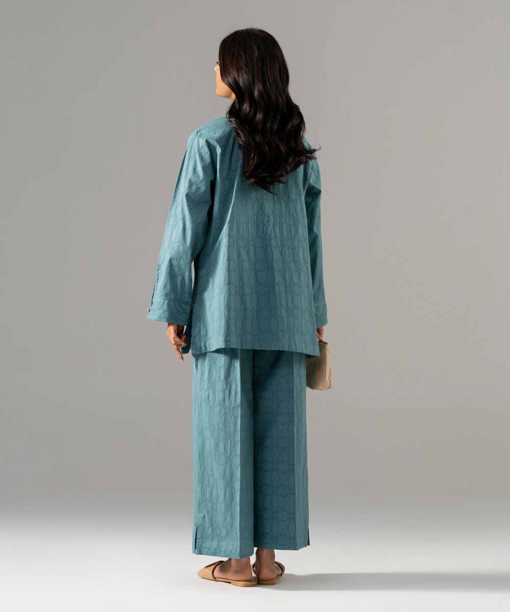 Women's RTW Textured Cotton Solid Blue 2 Piece Suit
