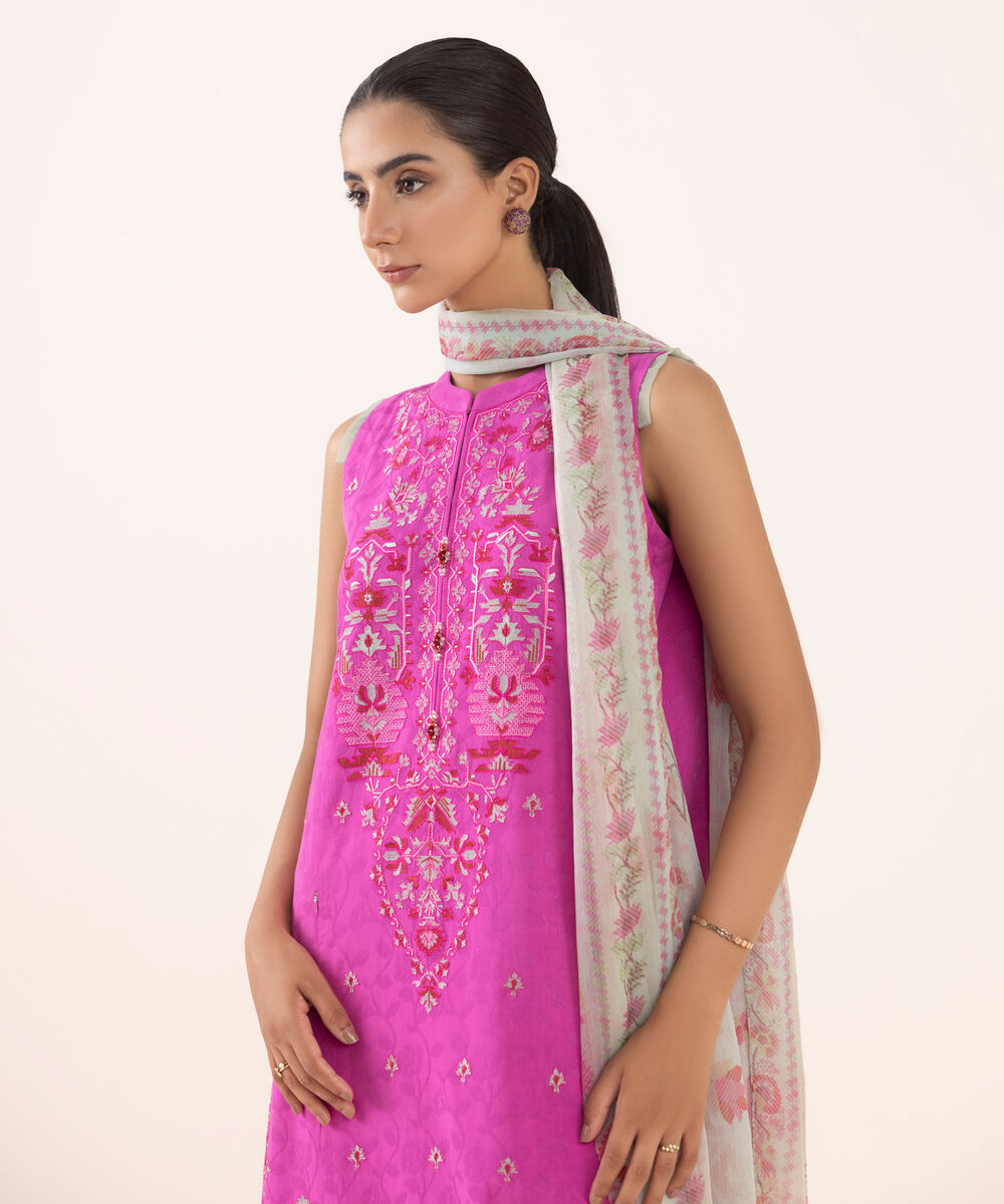 Women's Unstitched Jacquard Embroidered Pink Three Piece Suit