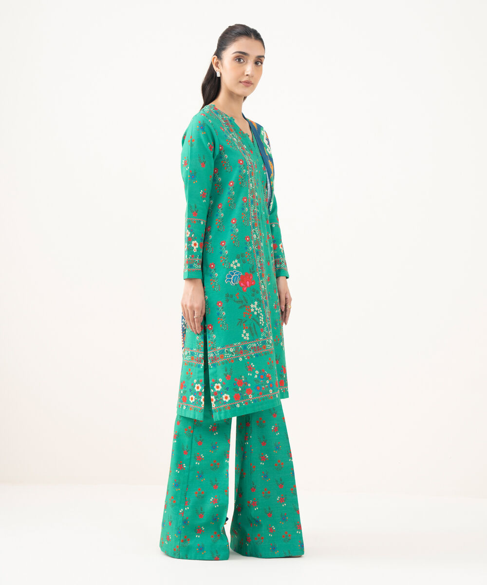 Women's Unstitched Khaddar Printed Green  3 Piece Suit