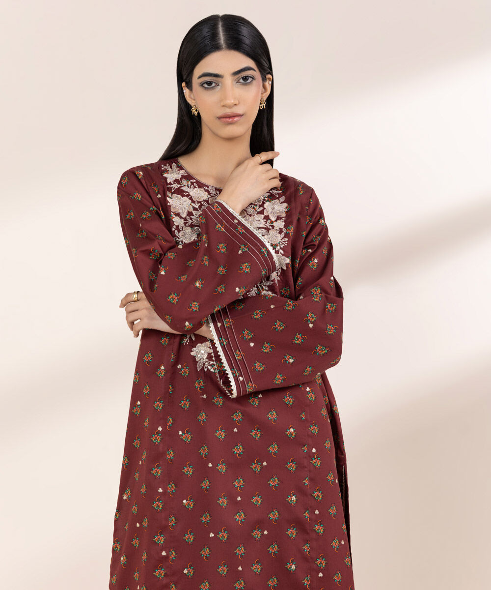 Women's RTW Cotton Satin Red Embroidered A-Line Shirt