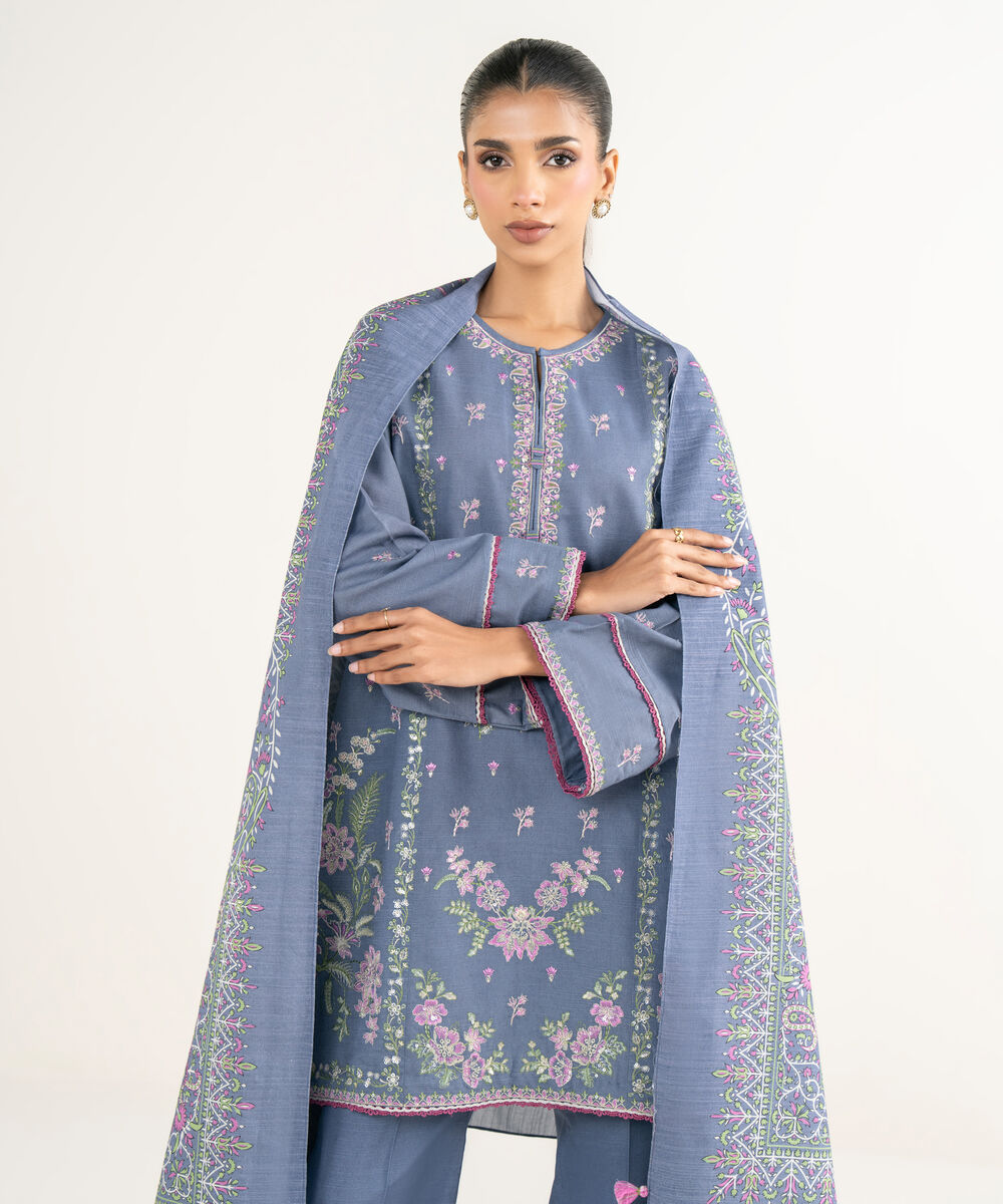 Women's Unstitched Lawn Embroidered Blue 3 Piece Suit