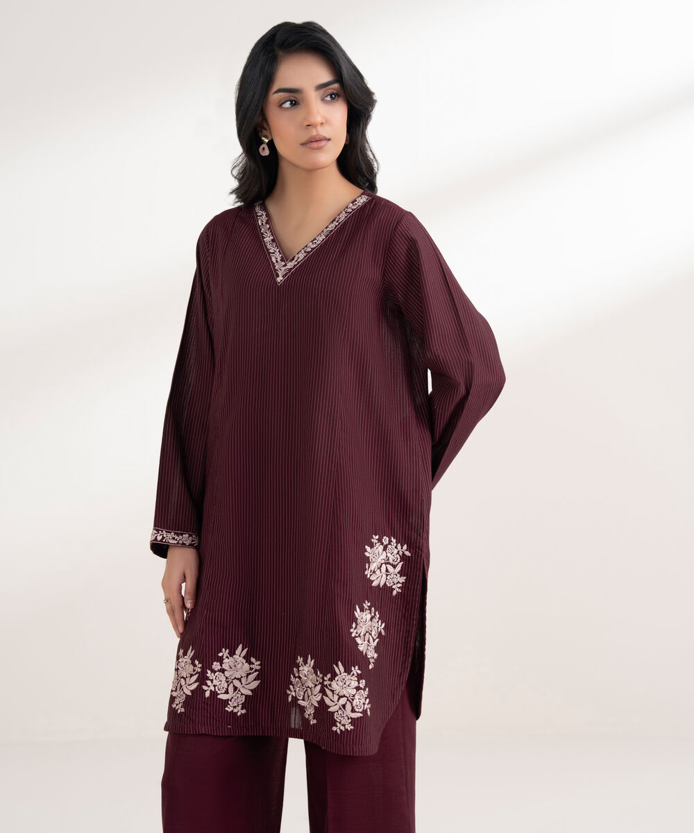Women's RTW Light Khaddar Embroidered Maroon Straight Shirt