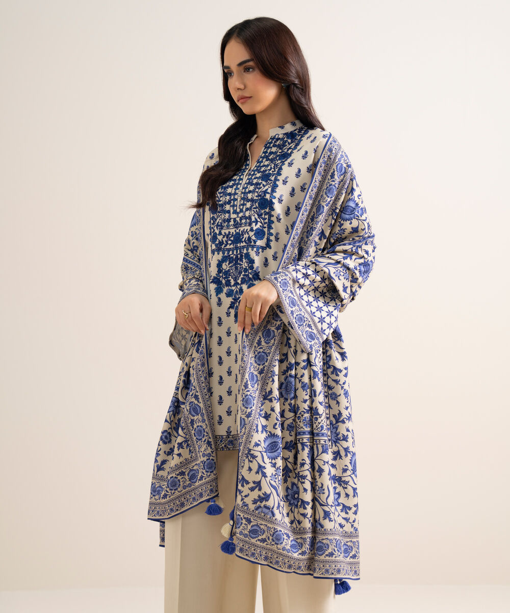 Women's Unstitched Embroidered Linen Offwhite 3 Piece Suit