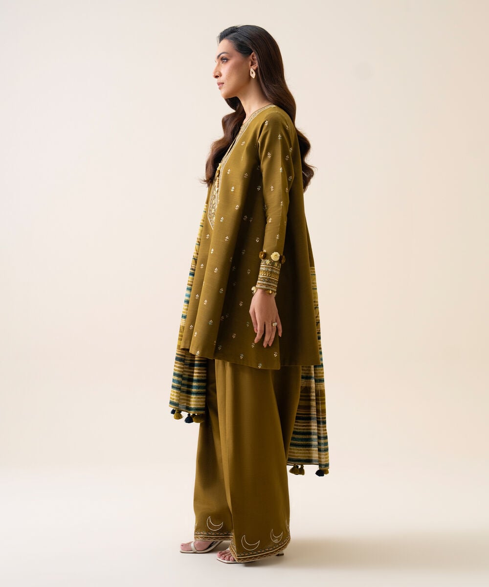 Women's Unstitched Light Khaddar Embroidered Mustard 3 Piece Suit