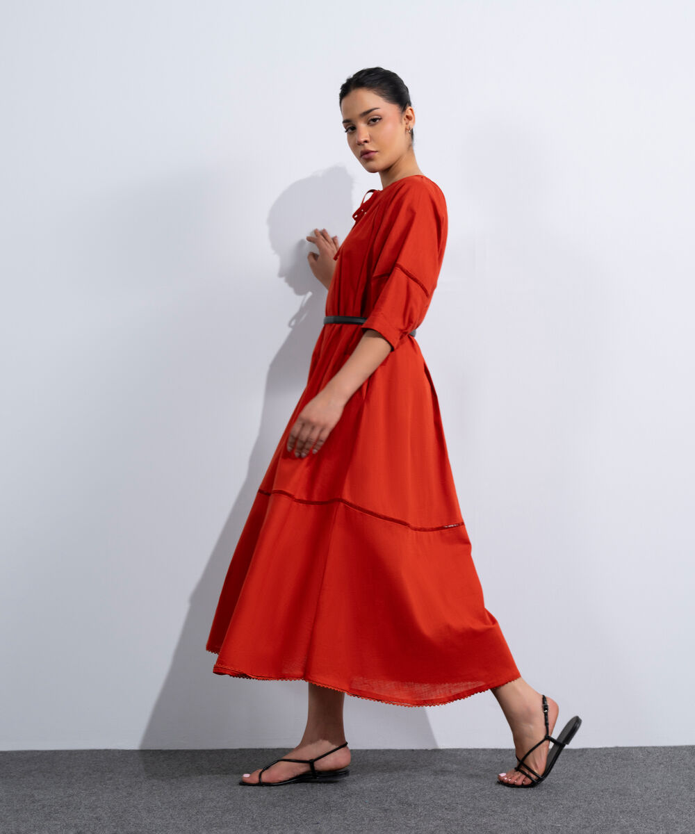 Women's Western Rust Orange Voluminous Maxi Dress