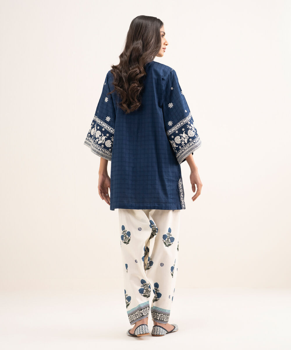 Women's RTW Dobby Embroidered Blue Boxy Shirt