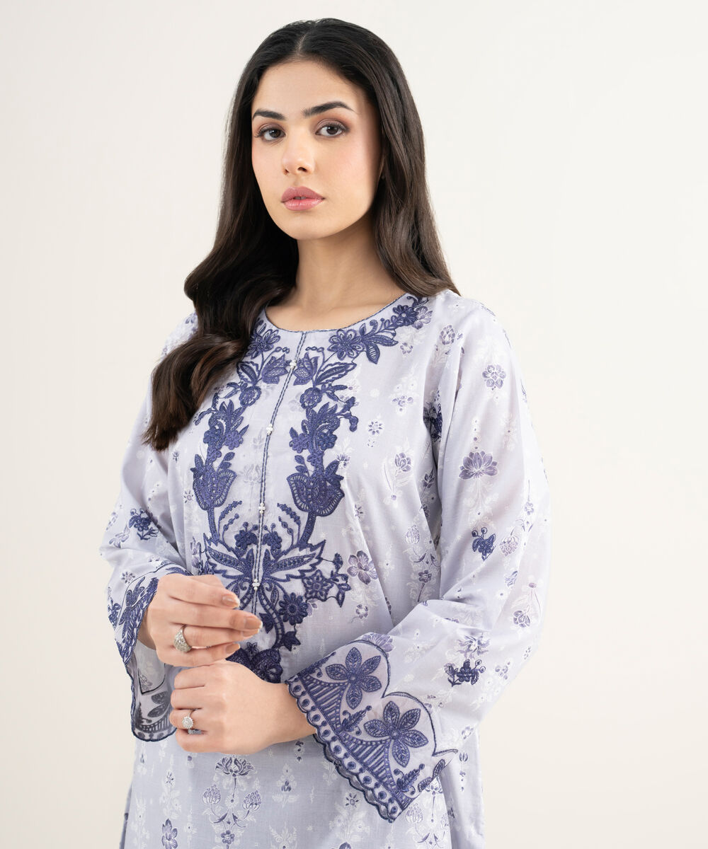 Women's RTW Slub Lawn Embroidered Light Purple A-Line Shirt