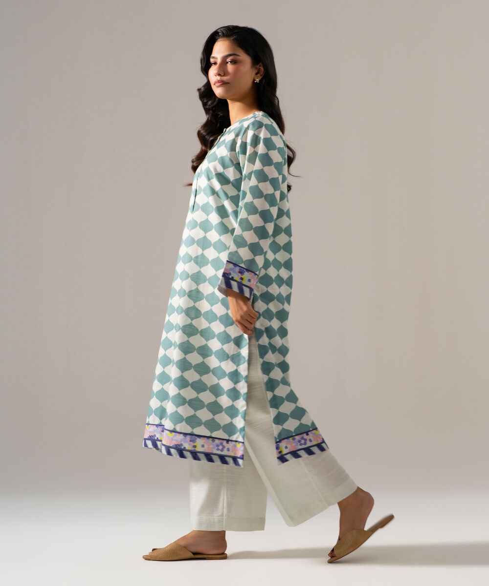 Women's RTW Khaddar Printed Green Straight Shirt