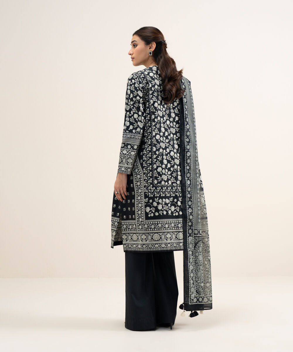 Women's Unstitched Lawn Printed Off White and Black 3 Piece Suit