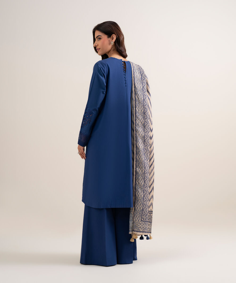 Women's Unstitched Cotton Embroidered Blue 3 Piece Suit