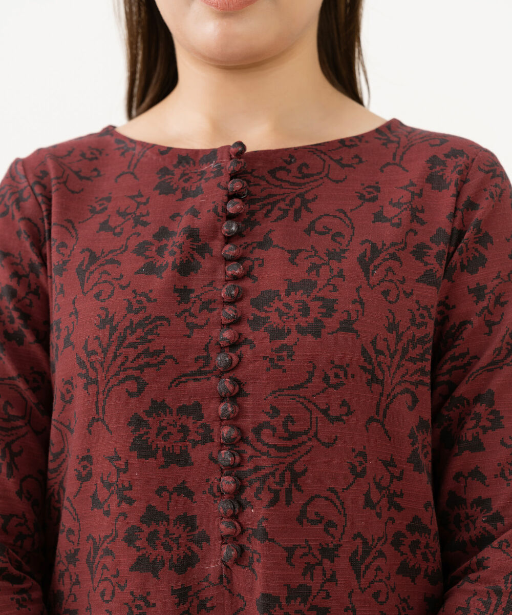 Women's Unstitched Light Khaddar Printed Red 3 Piece Suit