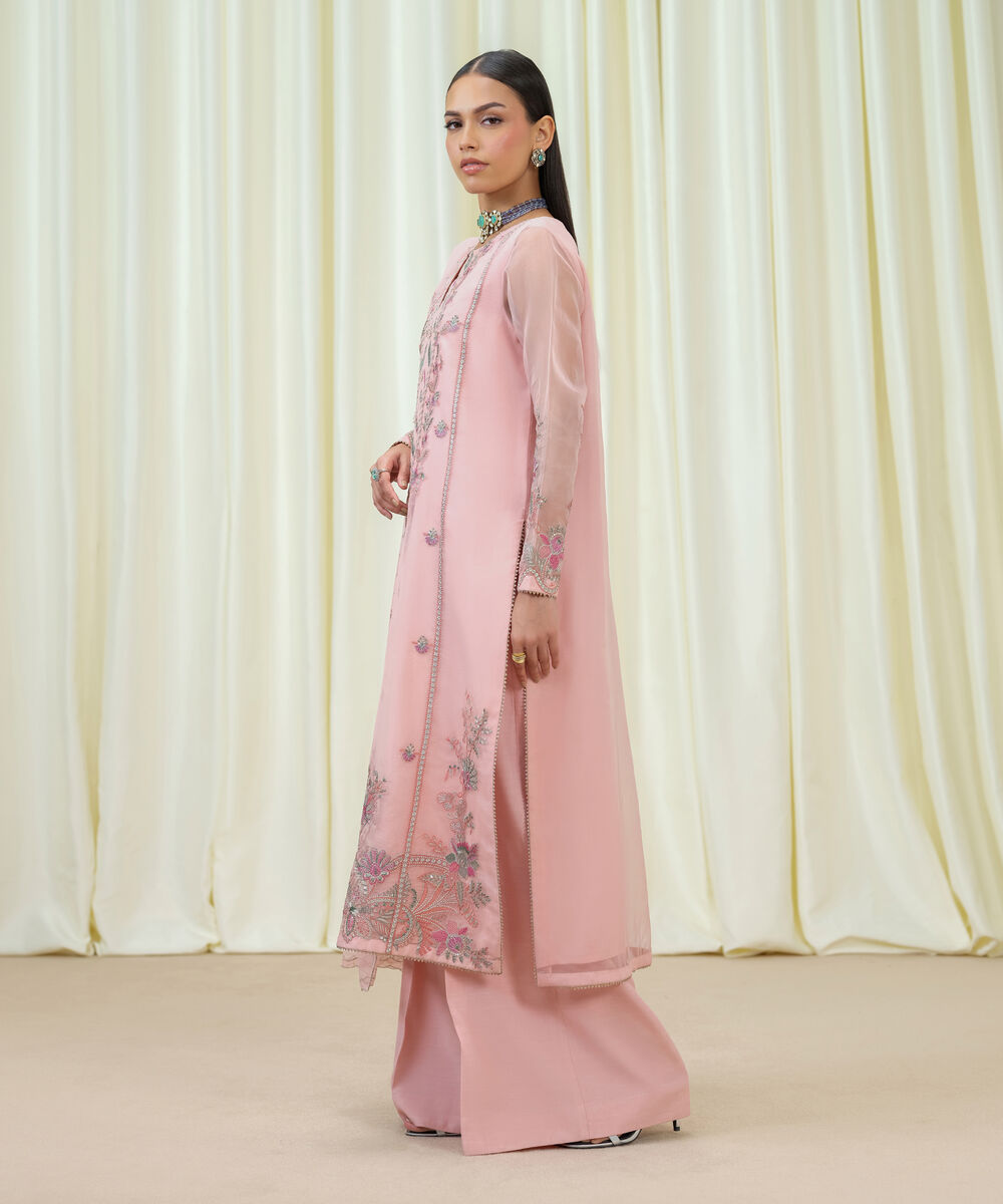 Women's Unstitched Blended Organza Embroidered COREL PEACH 3 Piece Suit