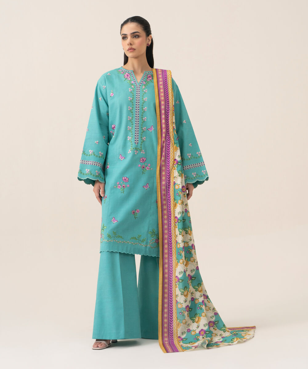 Women's Unstitched Lawn Embroidered Turquoise 3 Piece Suit