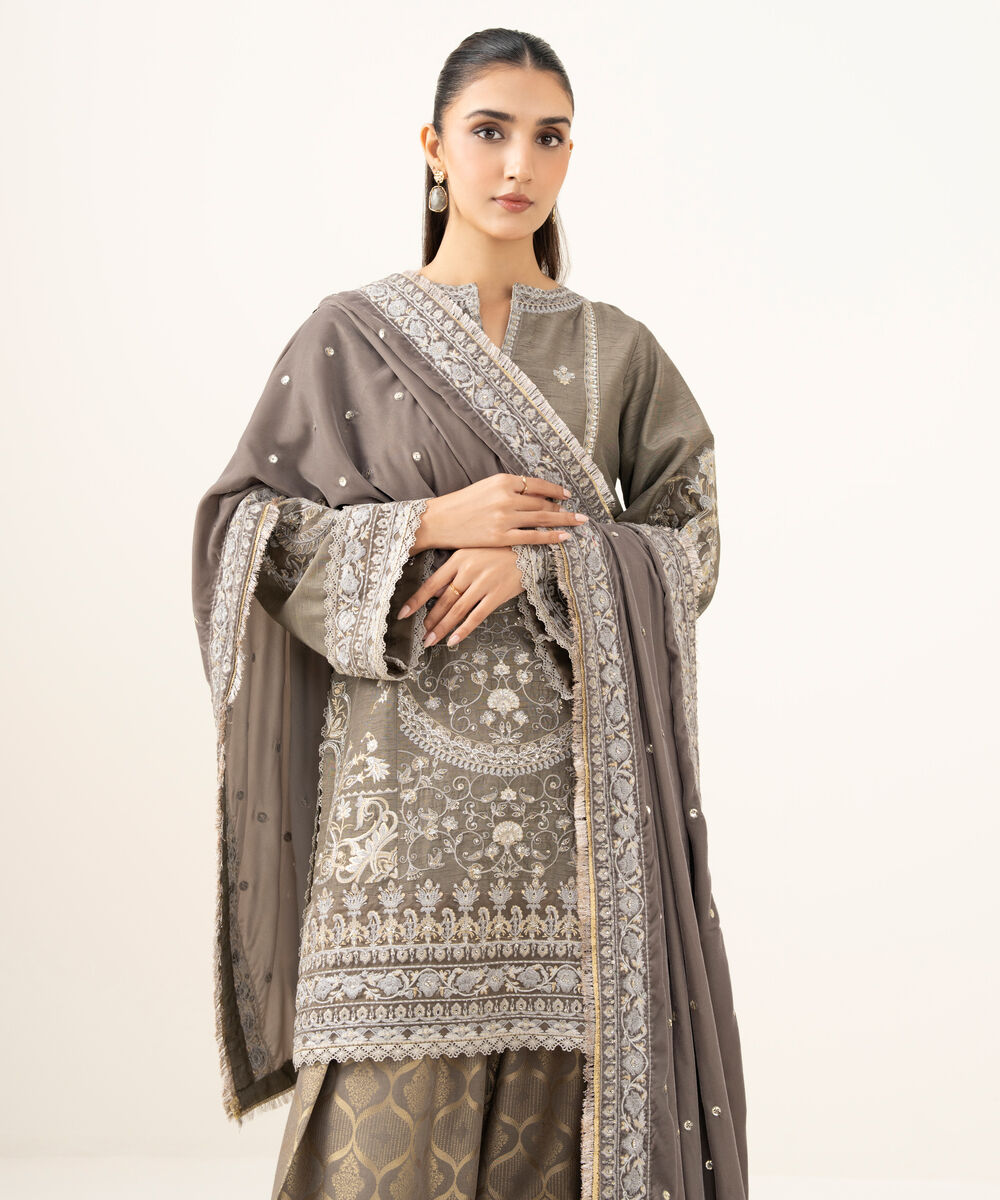 Women's Unstitched Raw Silk Embroidered Grey 3 Piece Suit