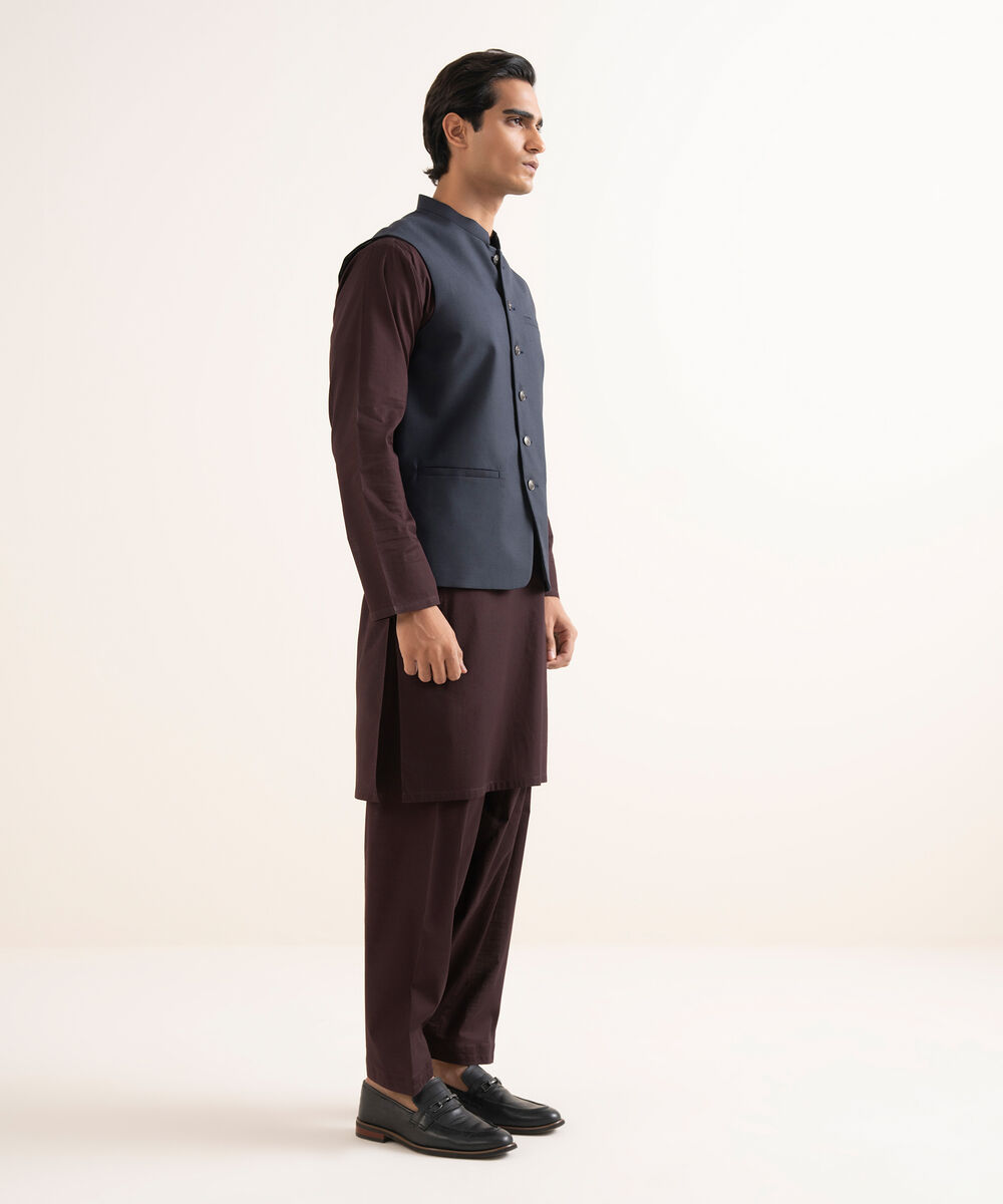 Men's Stitched Textured Wash & Wear Blue Waistcoat