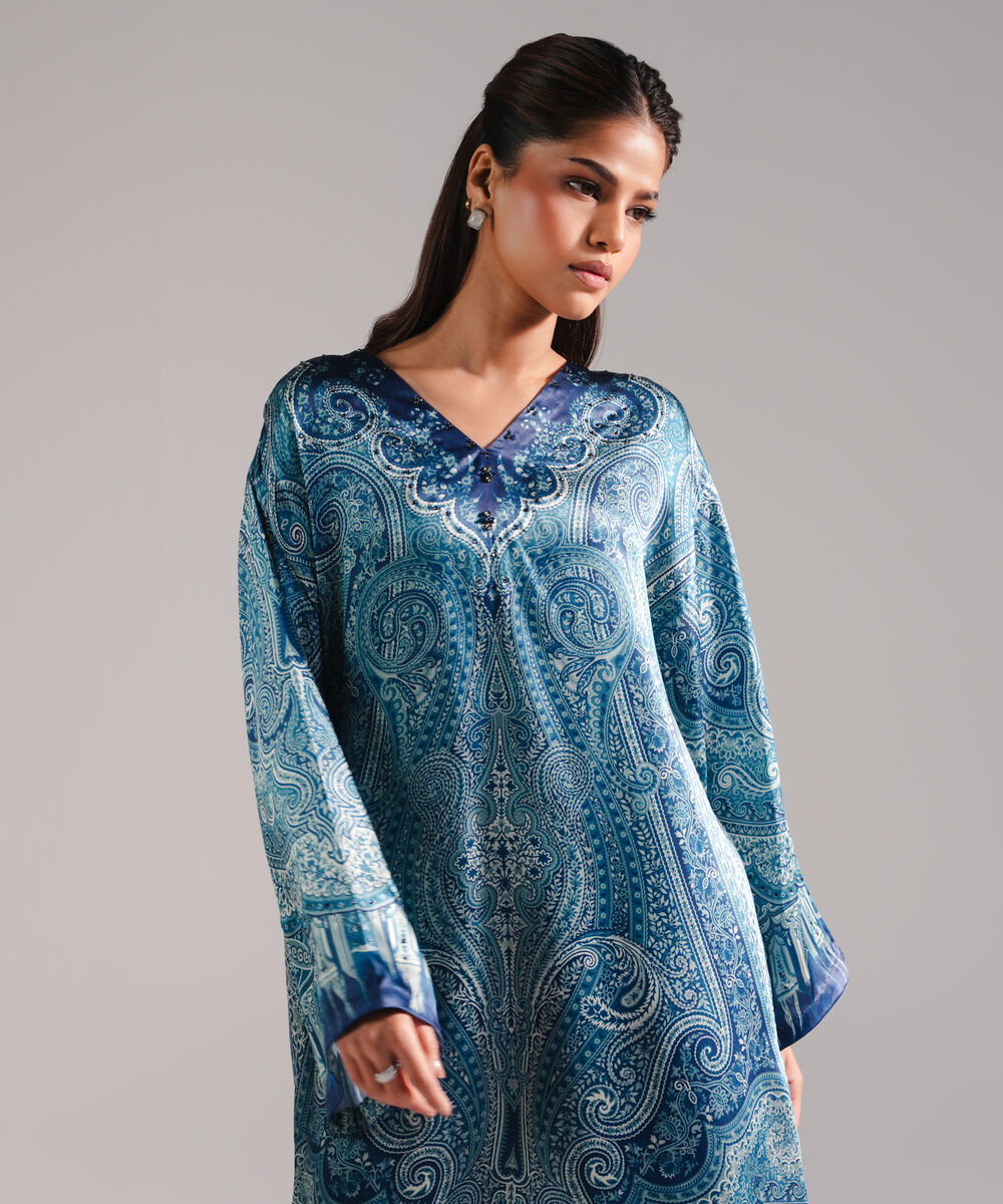 Women's RTW Blended Satin Solid Dark Blue 2 Piece Suit