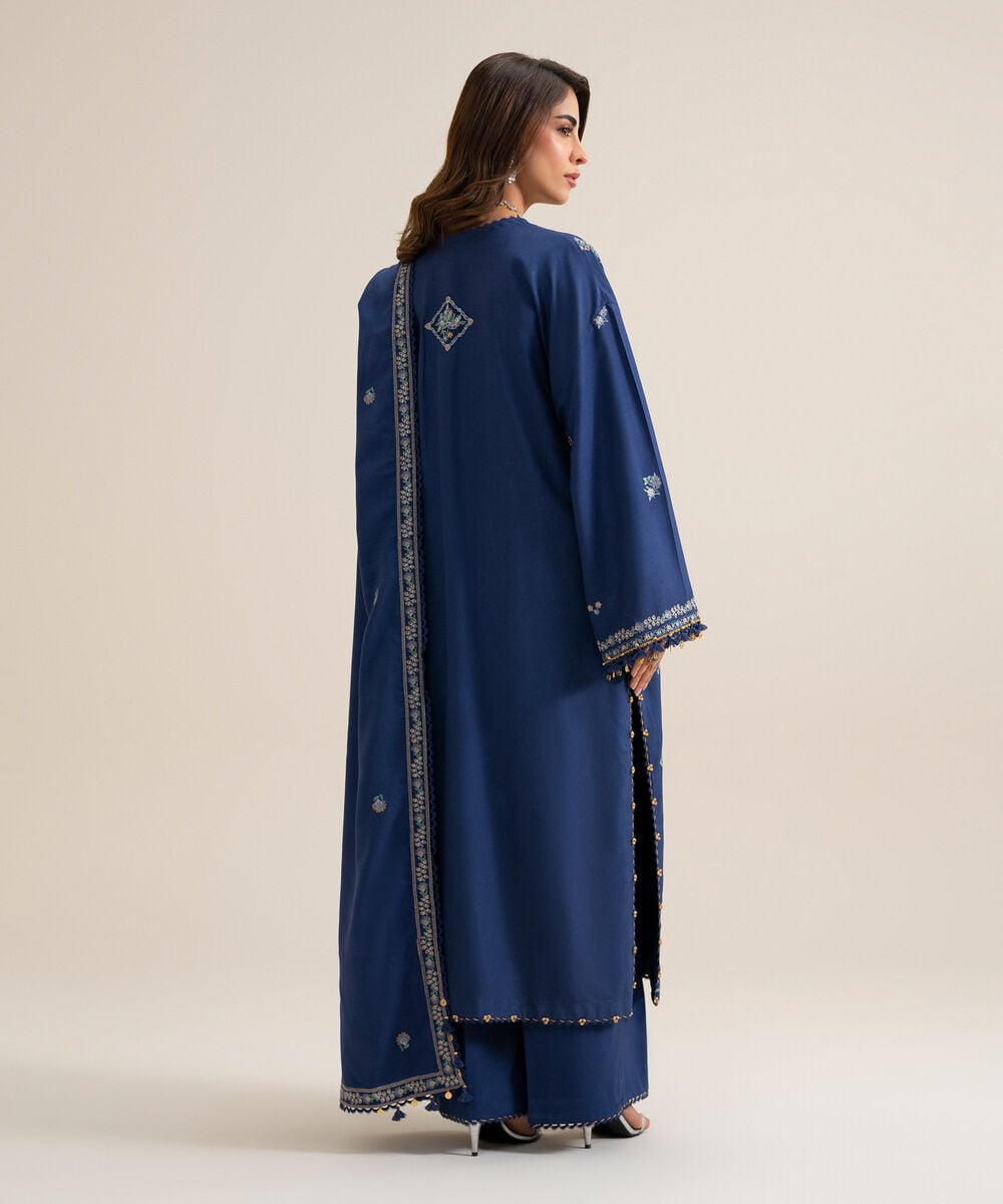 Womens Unstitched Cotton Twill Embroidered Dark Blue 3 Piece Suit