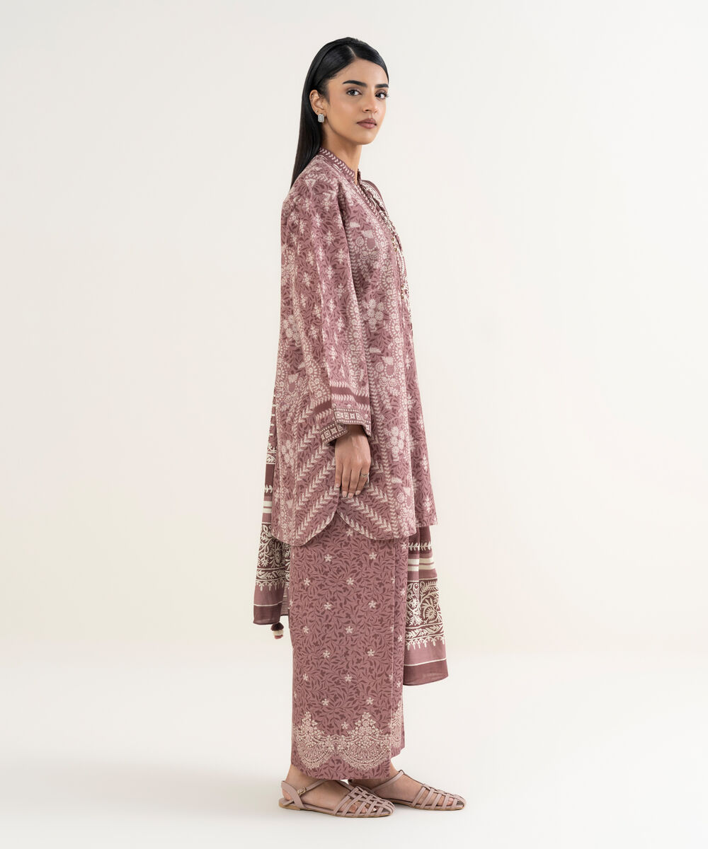 Women's Unstitched Printed Khaddar Tea Pink & Off White 3 Piece Suit