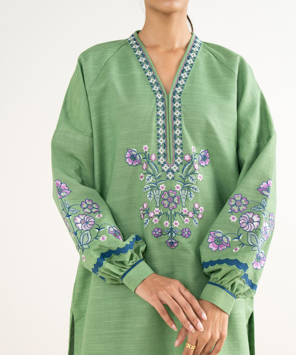 Women's Unstitched Twill Embroidered Green  3 Piece Suit