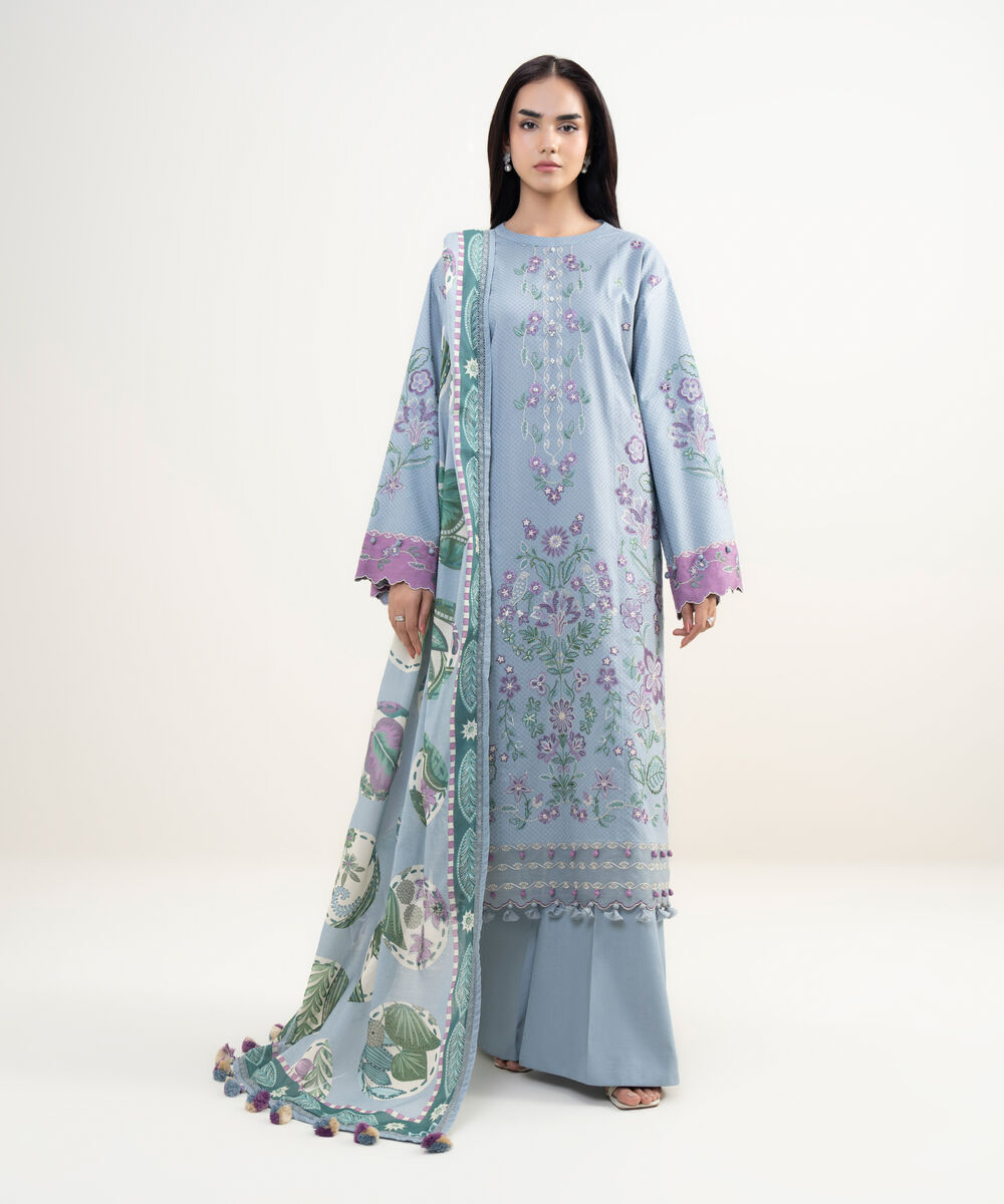 Women's Unstitched Dobby Embroidered Blue  3 Piece Suit