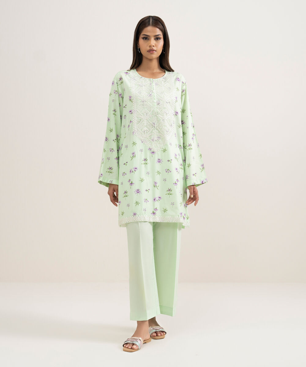 Women's RTW Cotton Viscose Embroidered Green Straight Shirt
