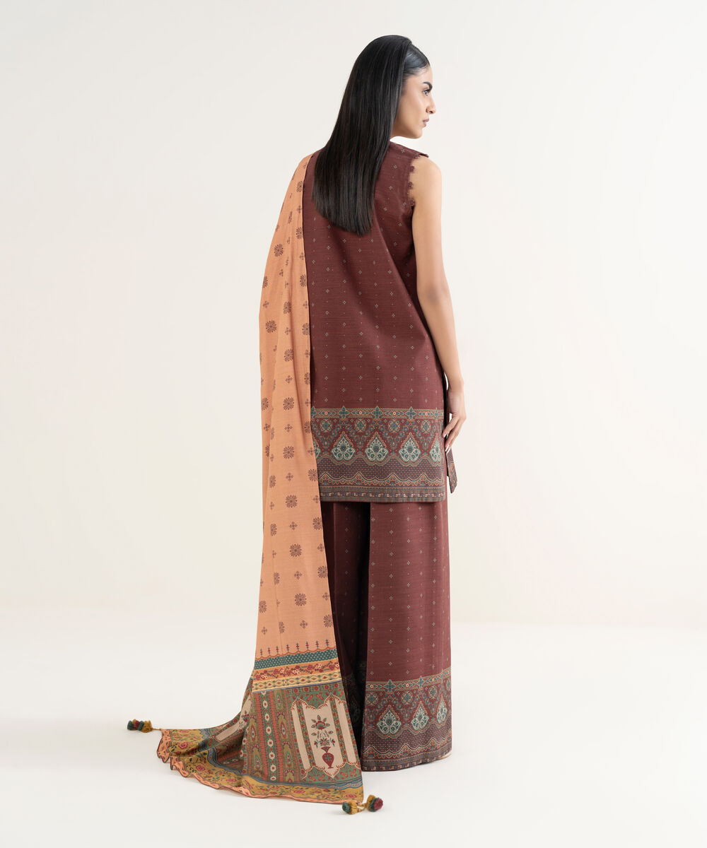 Women's Unstitched Printed Khaddar Maroon 3 Piece Suit