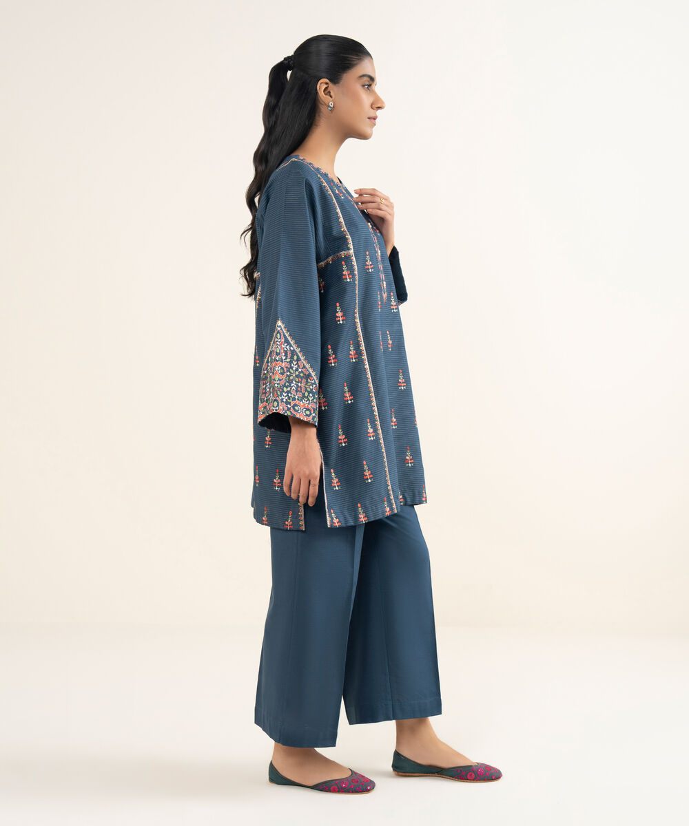 Women's RTW Zari Cotton Embroidered Straight Blue Shirt