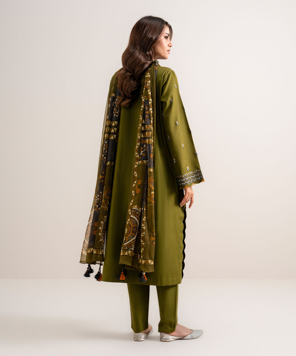 Women's Unstitched Embroidered Cotton Viscose Olive Green 3 Piece Suit